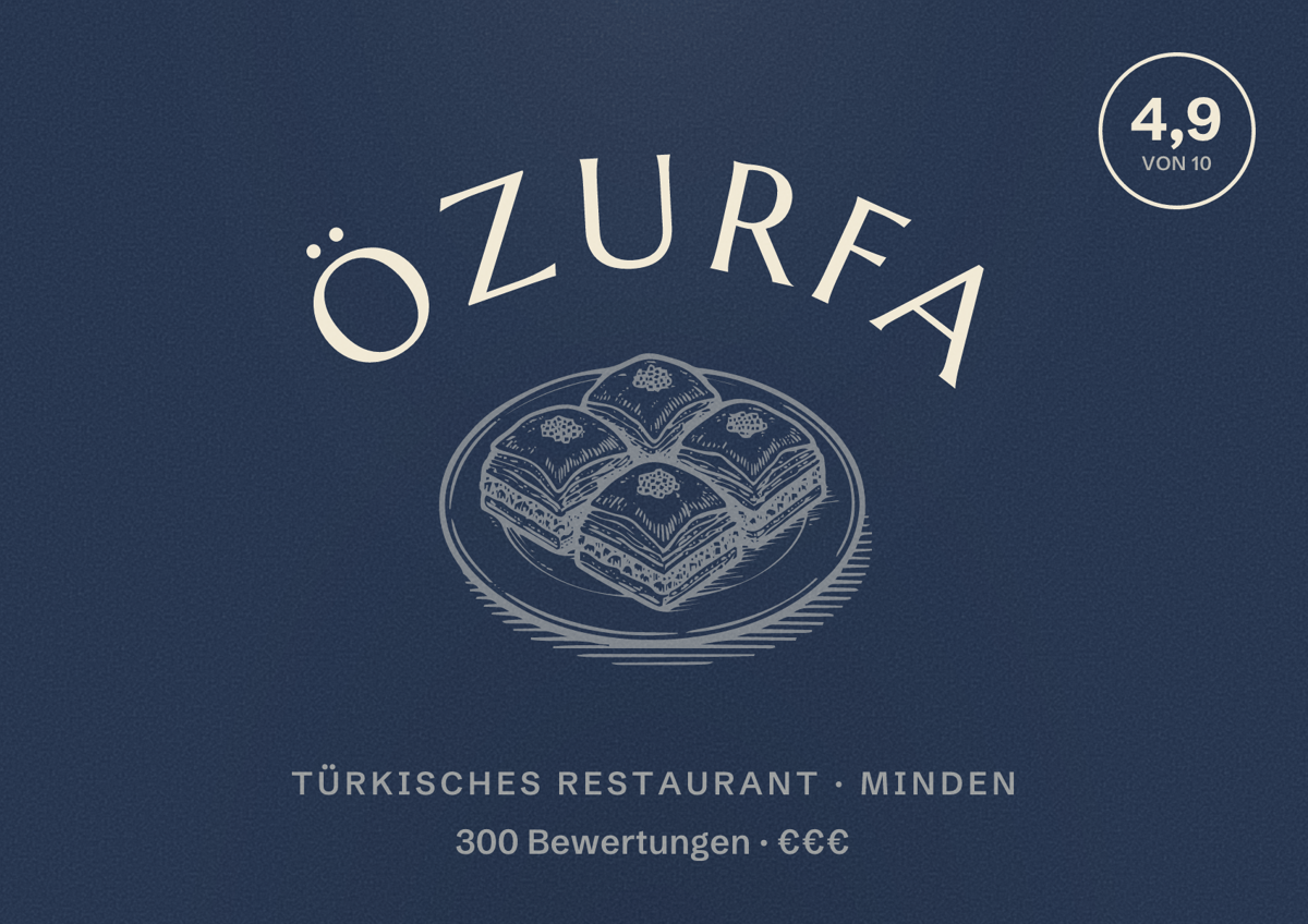 Illustriertes Poster von ÖzUrfa, Türkisches Restaurant in Minden: Bewertung 4,9 von 10 aus 300 Bewertungen, Preisniveau €€€