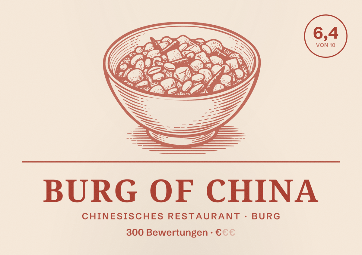 Illustriertes Poster von Burg Of China, Chinesisches Restaurant in Burg: Bewertung 6,4 von 10 aus 300 Bewertungen, Preisniveau €