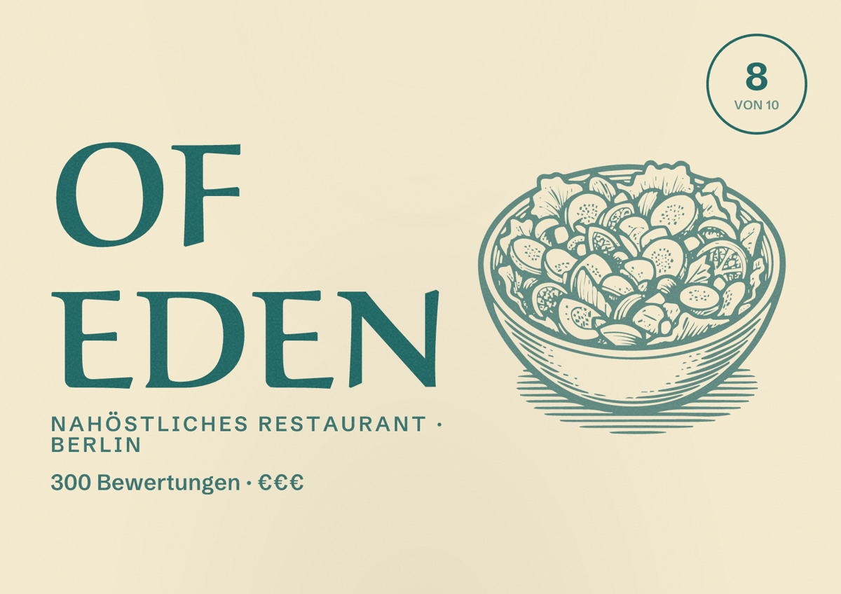 Illustriertes Poster von Of Eden, Nahöstliches Restaurant in Berlin: Bewertung 8 von 10 aus 300 Bewertungen, Preisniveau €€€
