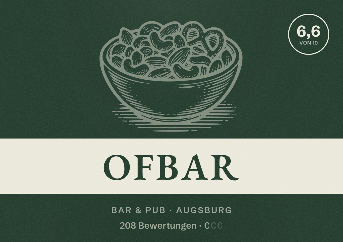 Illustriertes Poster von Ofbar, Bar & Pub in Augsburg: Bewertung 6,6 von 10 aus 208 Bewertungen, Preisniveau €