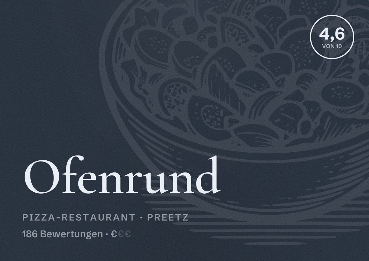 Illustriertes Poster von Ofenrund, Pizza-Restaurant in Preetz: Bewertung 4,6 von 10 aus 186 Bewertungen, Preisniveau €