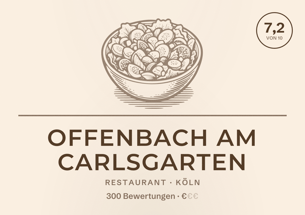 Illustriertes Poster von Offenbach am CARLsGARTEN, Restaurant in Köln: Bewertung 7,2 von 10 aus 300 Bewertungen, Preisniveau €
