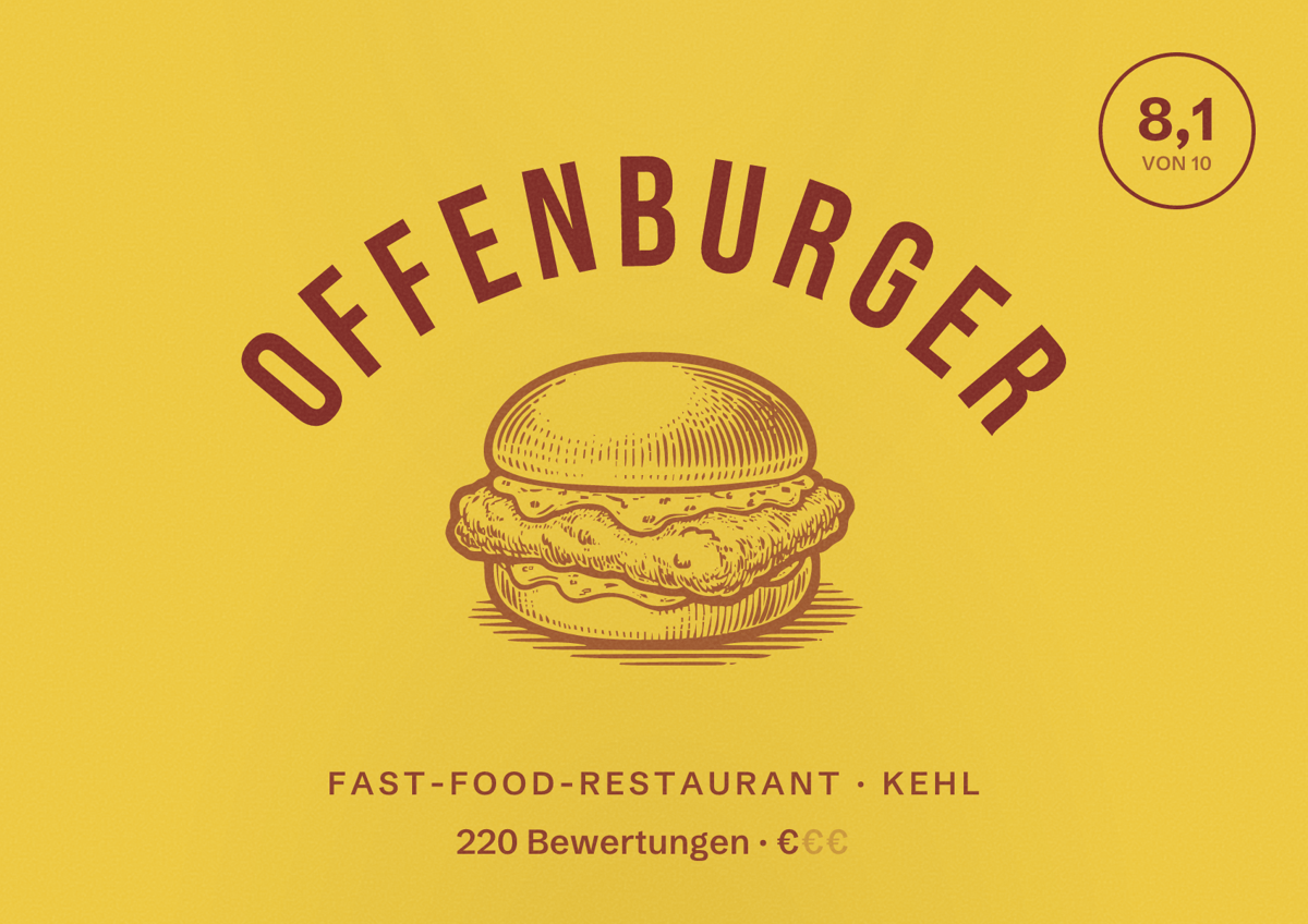 Illustriertes Poster von OffenBurger, Fast-Food-Restaurant in Kehl: Bewertung 8,1 von 10 aus 220 Bewertungen, Preisniveau €