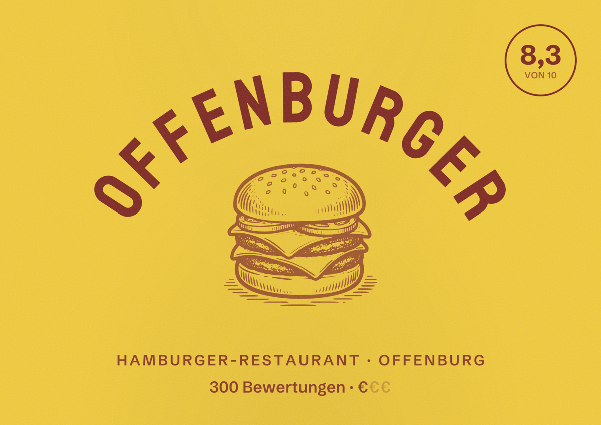 Illustriertes Poster von OffenBurger, Hamburger-Restaurant in Offenburg: Bewertung 8,3 von 10 aus 300 Bewertungen, Preisniveau €