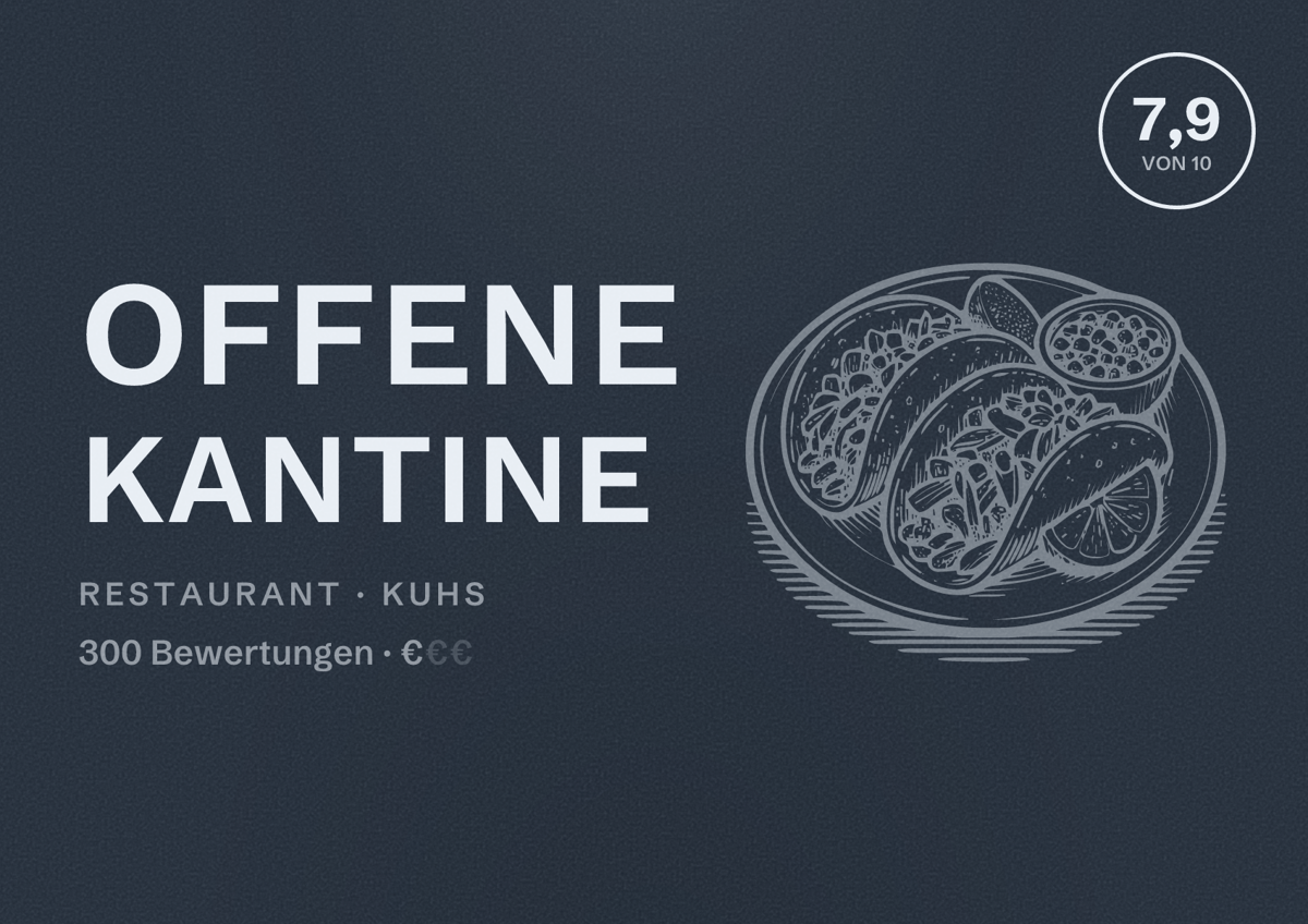 Illustriertes Poster von Offene Kantine, Restaurant in Kuhs: Bewertung 7,9 von 10 aus 300 Bewertungen, Preisniveau €