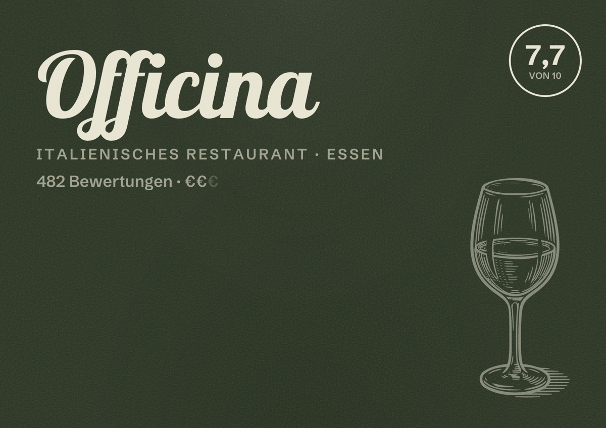 Illustriertes Poster von Officina, Italienisches Restaurant in Essen: Bewertung 7,7 von 10 aus 482 Bewertungen, Preisniveau €€