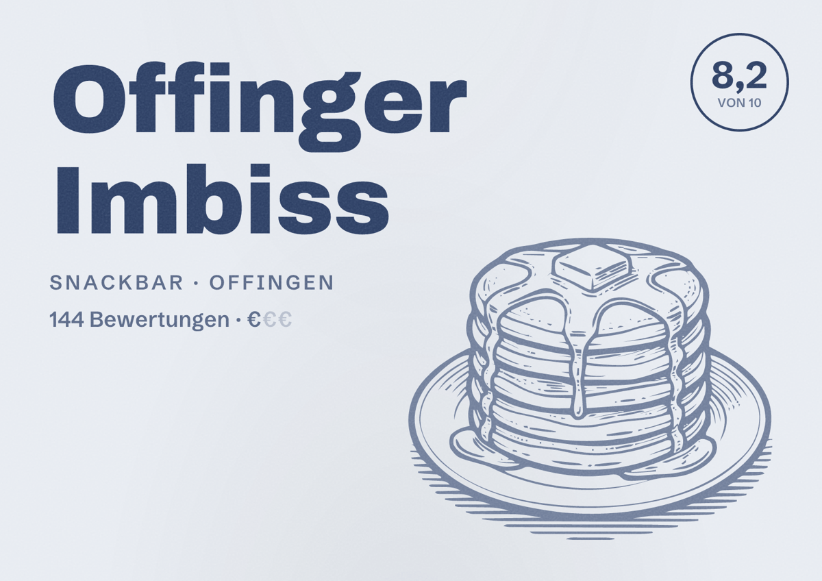 Illustriertes Poster von Offinger Imbiss, Snackbar in Offingen: Bewertung 8,2 von 10 aus 144 Bewertungen, Preisniveau €