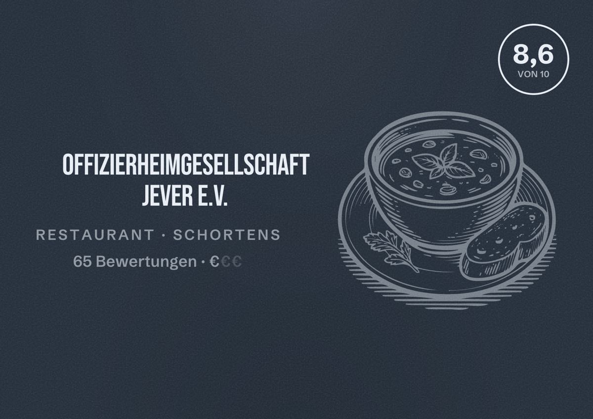 Illustriertes Poster von Offizierheimgesellschaft Jever e.V., Restaurant in Schortens: Bewertung 8,6 von 10 aus 65 Bewertungen, Preisniveau €