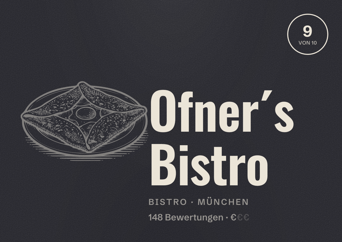 Illustriertes Poster von Ofner´s Bistro, Bistro in München: Bewertung 9,0 von 10 aus 148 Bewertungen, Preisniveau €