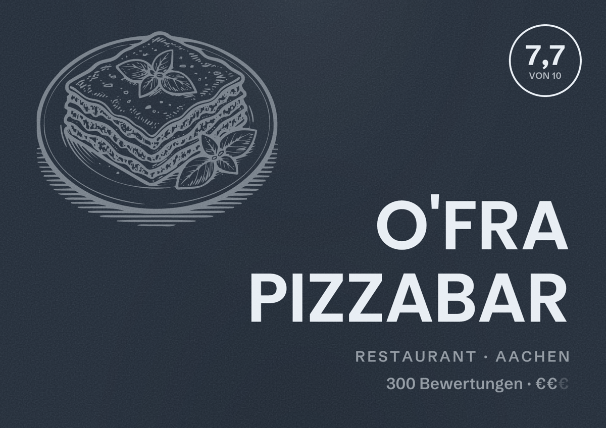 Illustriertes Poster von O'FRA PIZZABAR, Restaurant in Aachen: Bewertung 7,7 von 10 aus 300 Bewertungen, Preisniveau €€