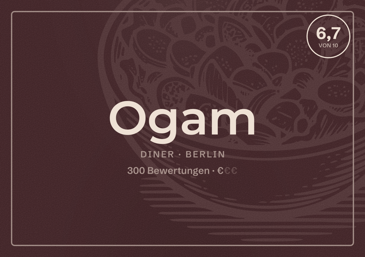Illustriertes Poster von Ogam, Diner in Berlin: Bewertung 6,7 von 10 aus 300 Bewertungen, Preisniveau €