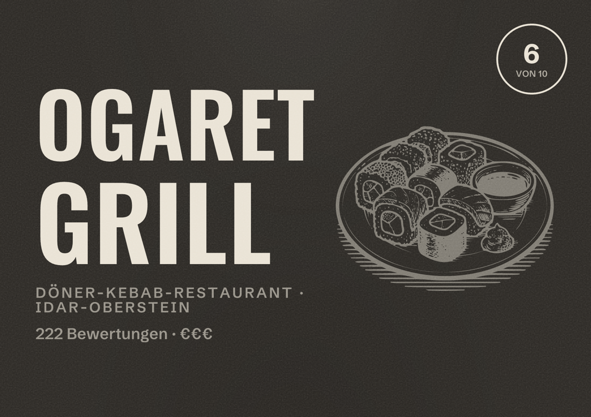Illustriertes Poster von Ogaret Grill, Döner-Kebab-Restaurant in Idar-Oberstein: Bewertung 6 von 10 aus 222 Bewertungen, Preisniveau €€€