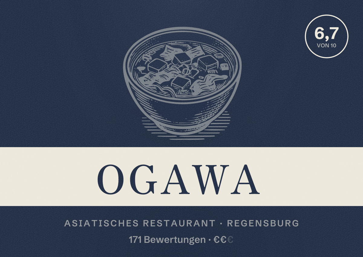 Illustriertes Poster von Ogawa, Asiatisches Restaurant in Regensburg: Bewertung 6,7 von 10 aus 171 Bewertungen, Preisniveau €€