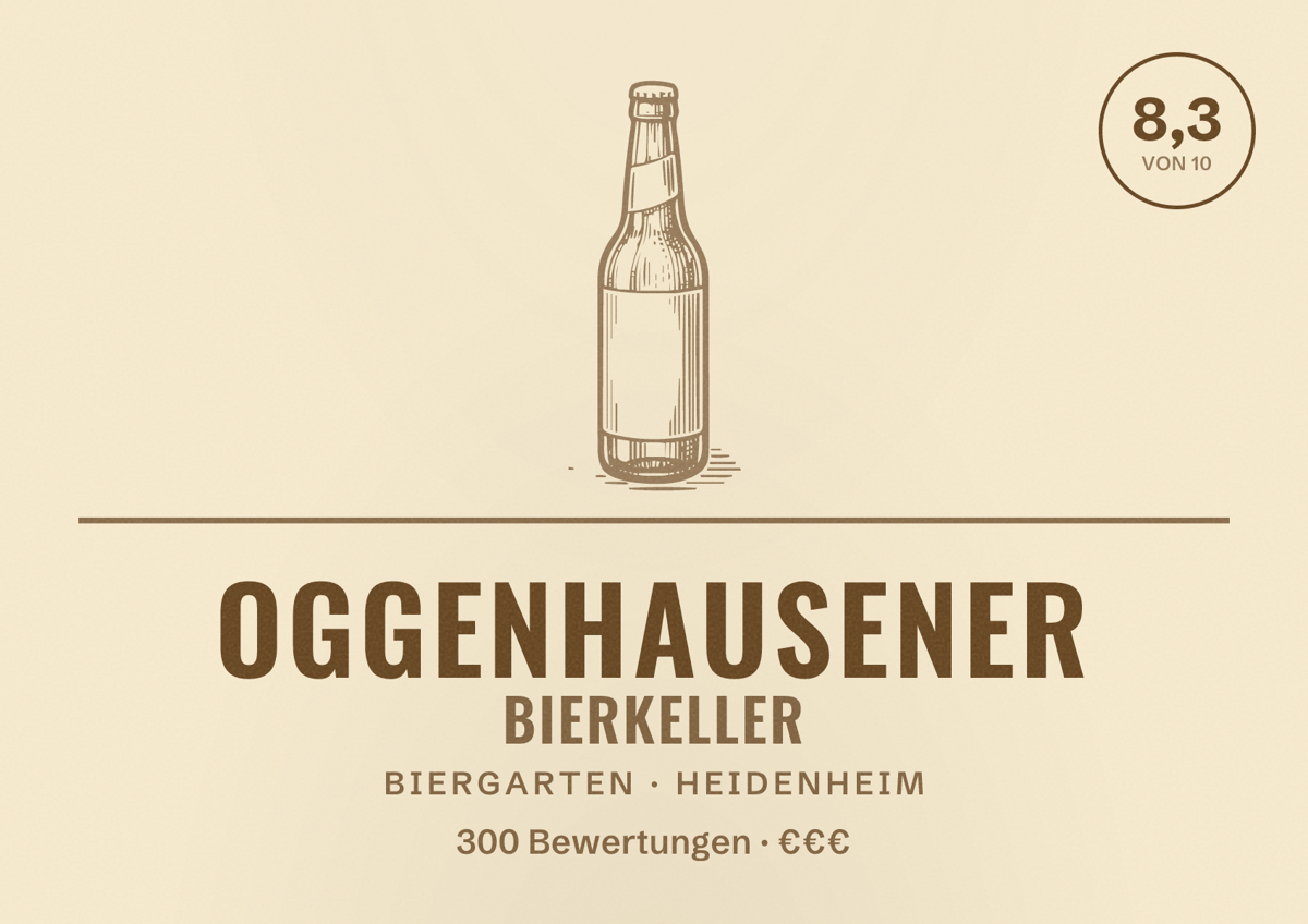Illustriertes Poster von Oggenhausener Bierkeller, Biergarten in Heidenheim: Bewertung 8,3 von 10 aus 300 Bewertungen, Preisniveau €€€