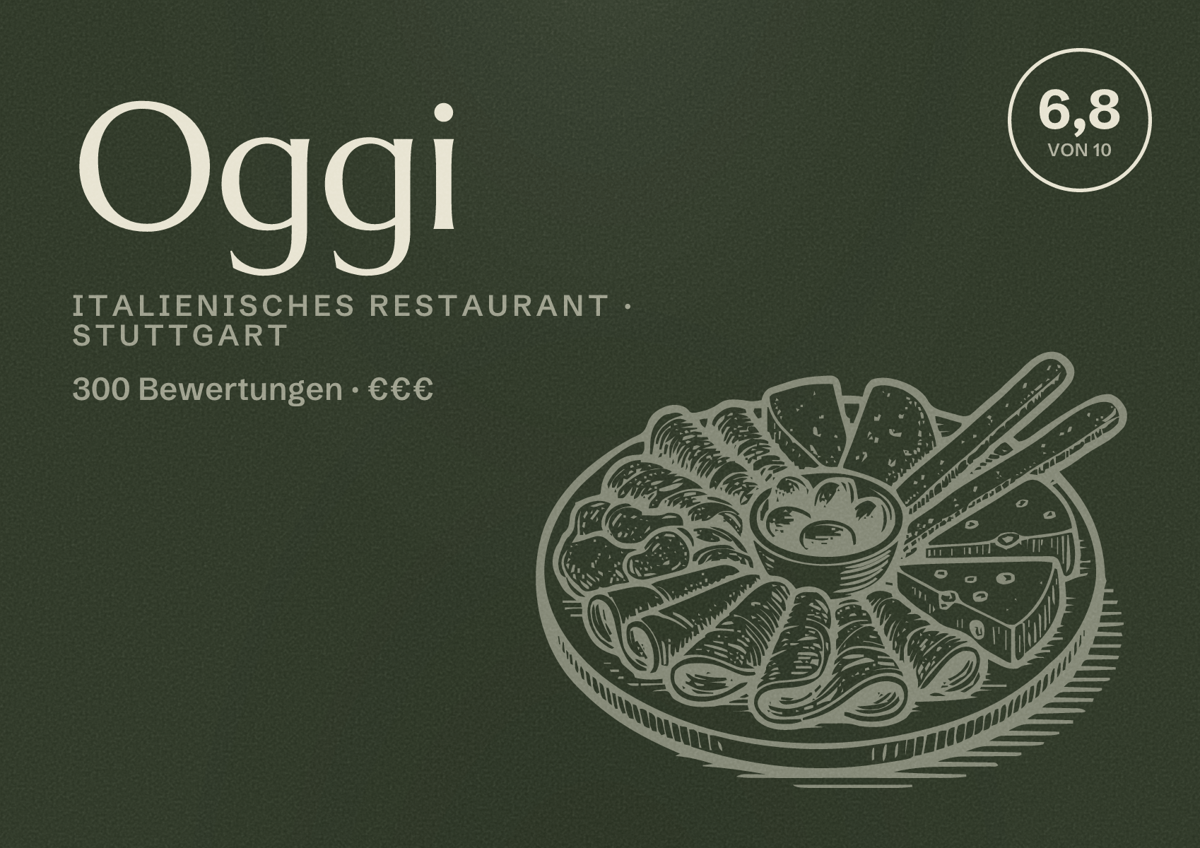 Illustriertes Poster von Oggi, Italienisches Restaurant in Stuttgart: Bewertung 6,8 von 10 aus 300 Bewertungen, Preisniveau €€€