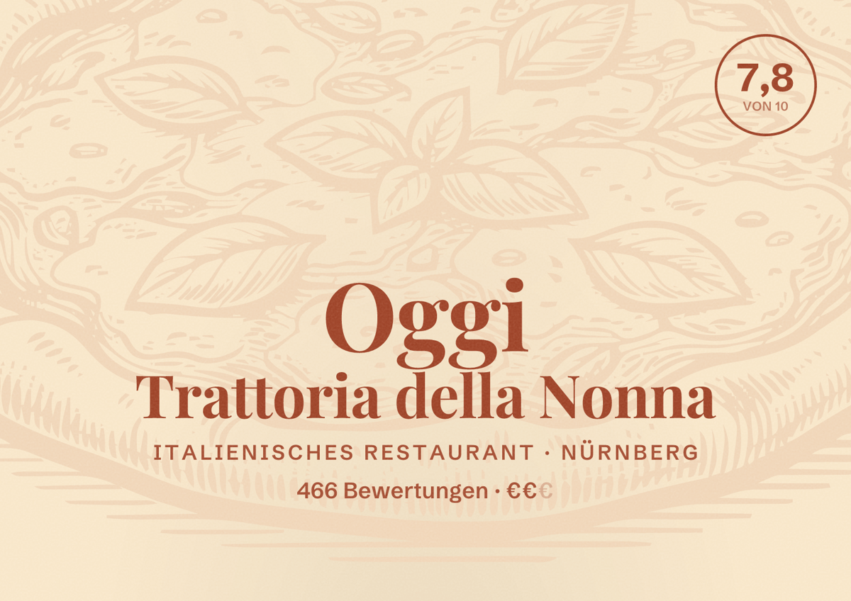 Illustriertes Poster von Oggi Trattoria della Nonna, Italienisches Restaurant in Nürnberg: Bewertung 7,8 von 10 aus 466 Bewertungen, Preisniveau €€