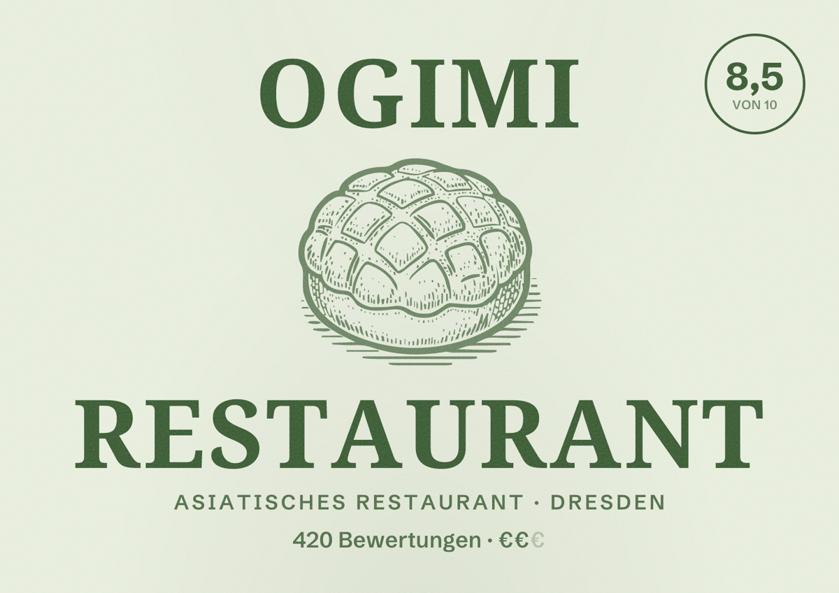 Illustriertes Poster von OGIMI Restaurant, Asiatisches Restaurant in Dresden: Bewertung 8,5 von 10 aus 420 Bewertungen, Preisniveau €€