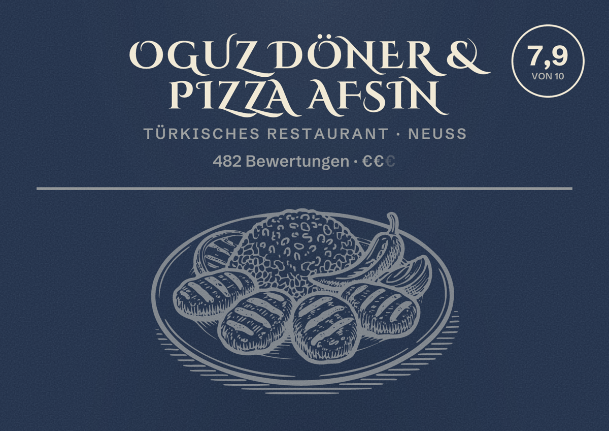 Illustriertes Poster von Oguz Döner & Pizza Afsin, Türkisches Restaurant in Neuss: Bewertung 7,9 von 10 aus 482 Bewertungen, Preisniveau €€