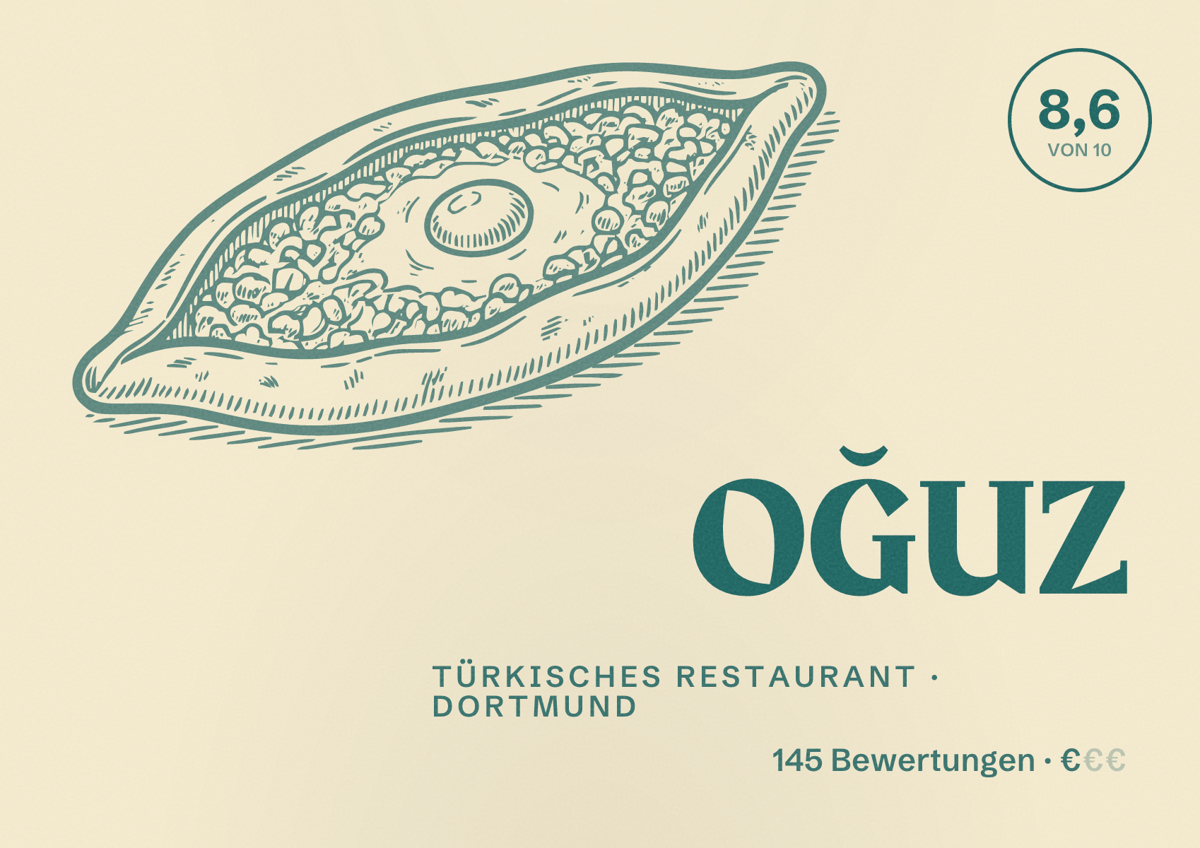 Illustriertes Poster von OĞUZ, Türkisches Restaurant in Dortmund: Bewertung 8,6 von 10 aus 145 Bewertungen, Preisniveau €
