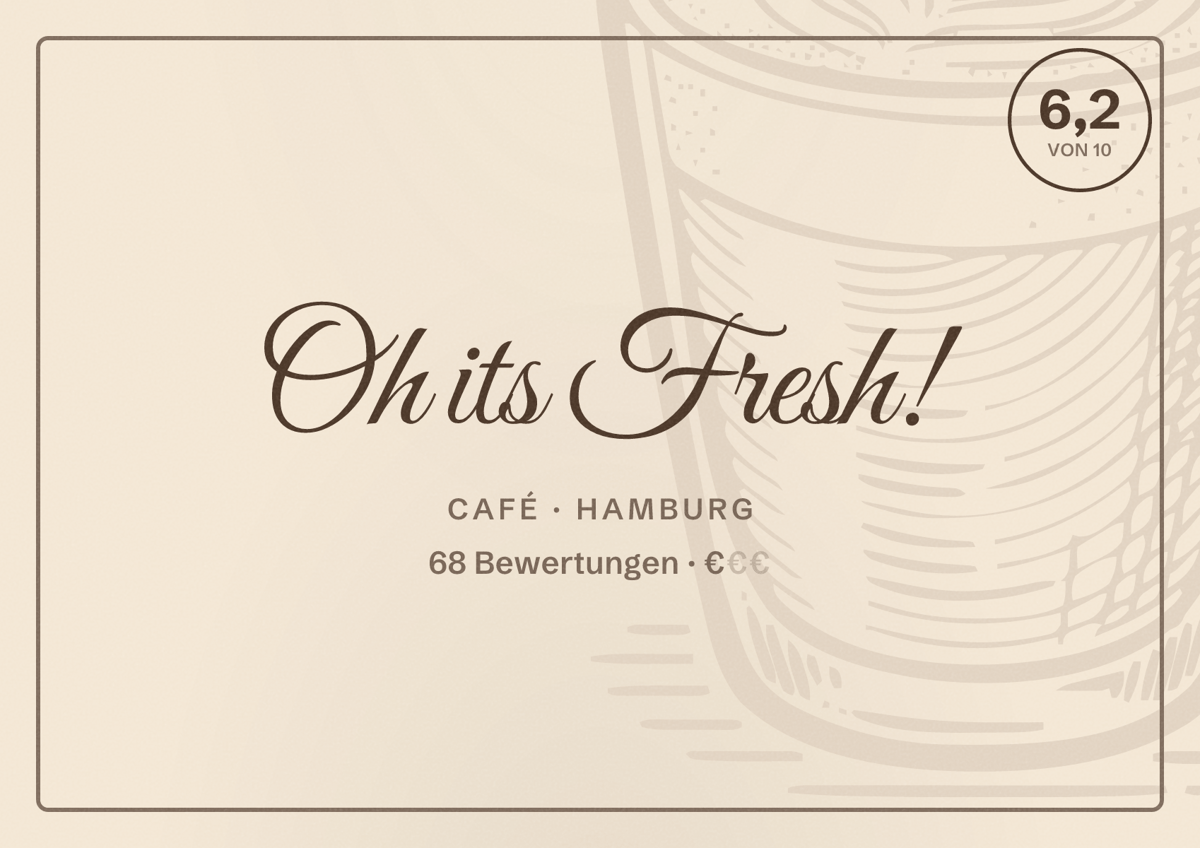 Illustriertes Poster von Oh its Fresh!, Café in Hamburg: Bewertung 6,2 von 10 aus 68 Bewertungen, Preisniveau €
