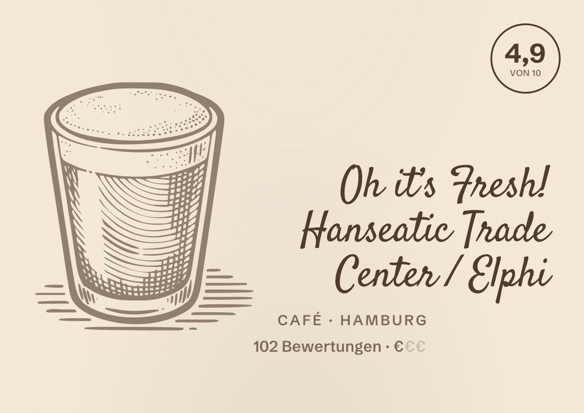 Illustriertes Poster von Oh it’s Fresh! Hanseatic Trade Center / Elphi, Café in Hamburg: Bewertung 4,9 von 10 aus 102 Bewertungen, Preisniveau €