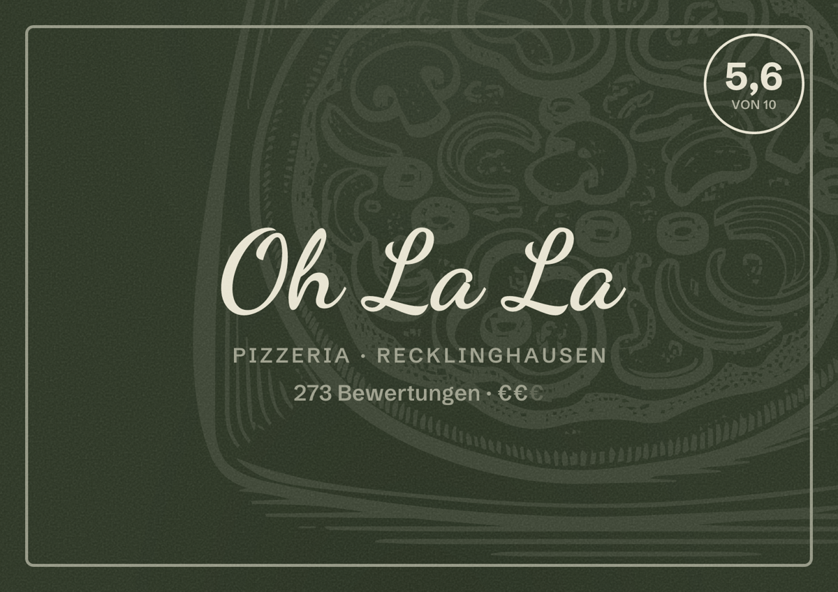 Illustriertes Poster von Oh La La, Pizzeria in Recklinghausen: Bewertung 5,6 von 10 aus 273 Bewertungen, Preisniveau €€