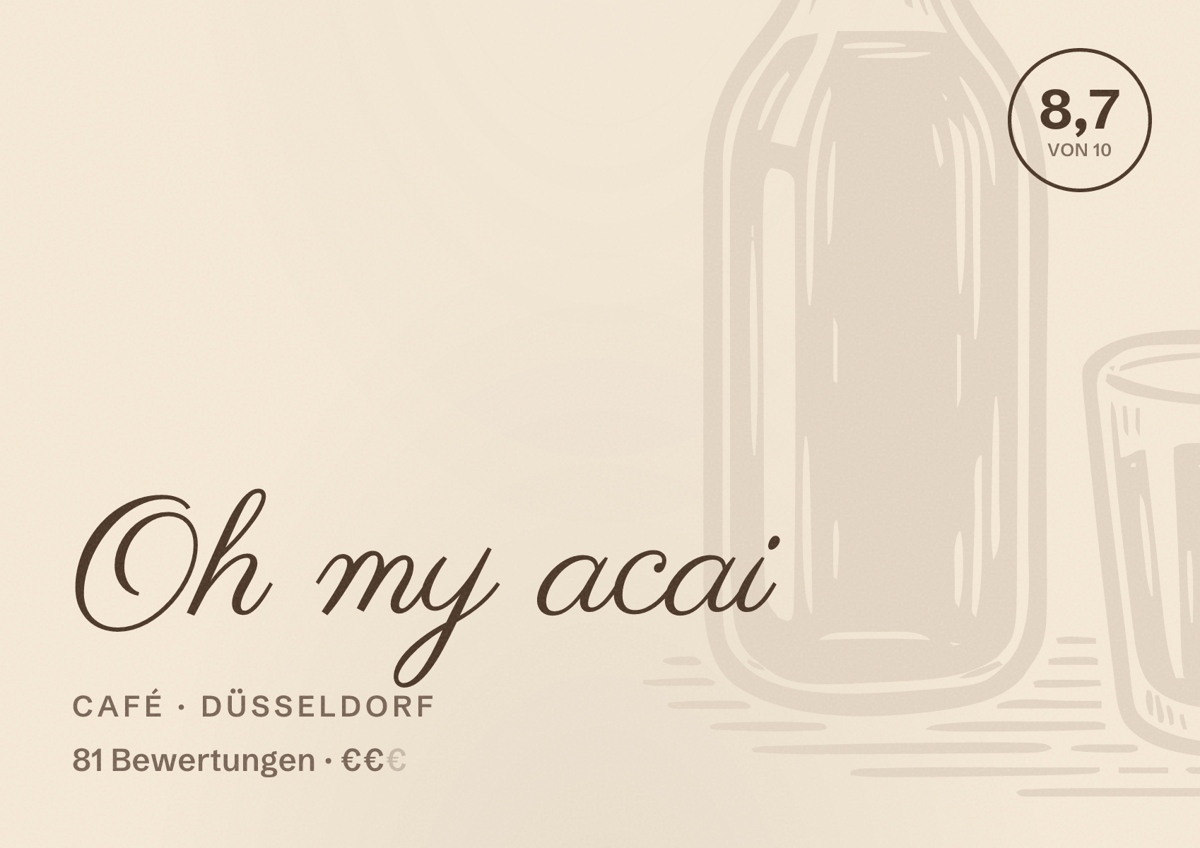 Illustriertes Poster von Oh my acai, Café in Düsseldorf: Bewertung 8,7 von 10 aus 81 Bewertungen, Preisniveau €€