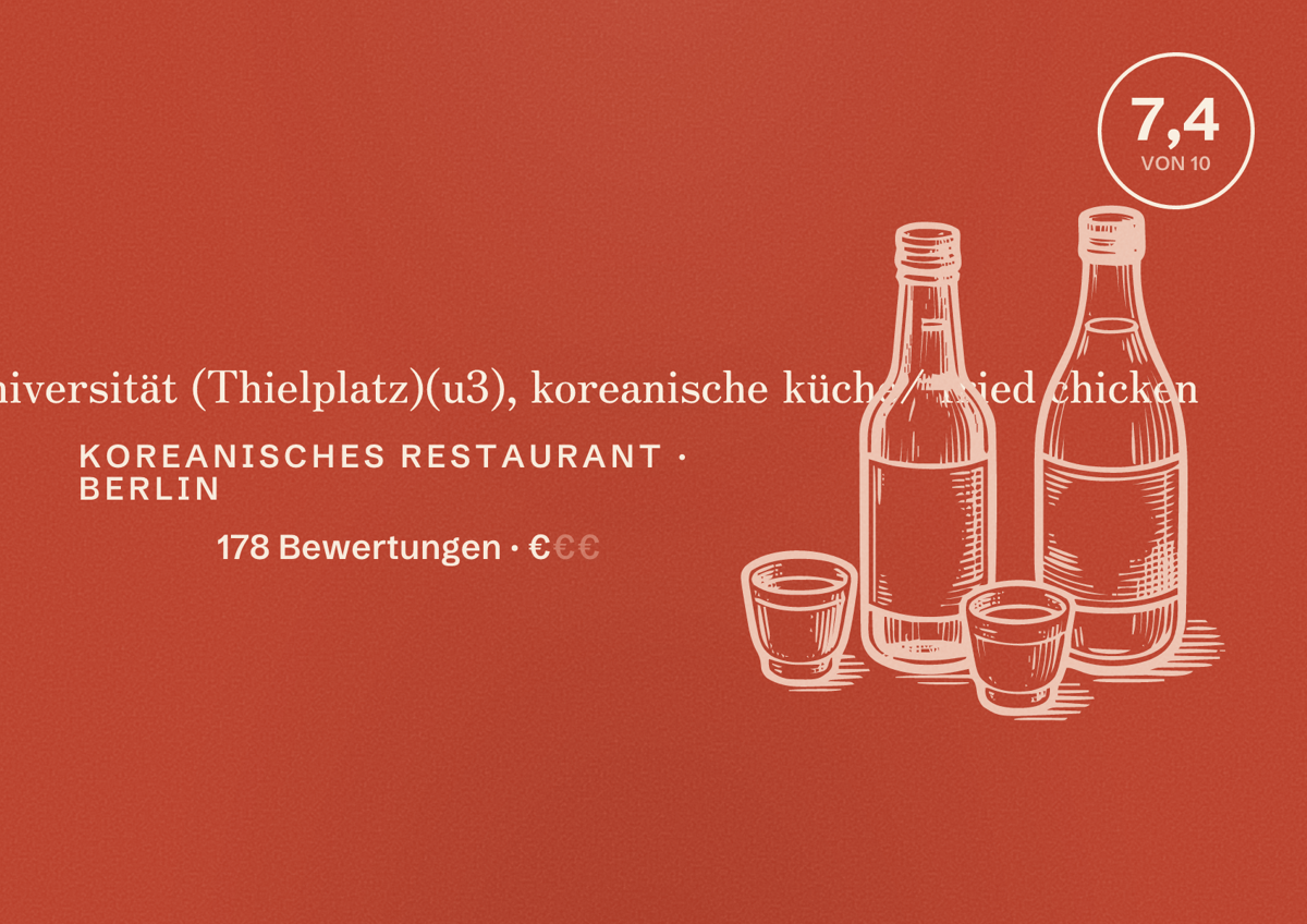 Illustriertes Poster von oh my bap Freie Universität (Thielplatz)(u3), koreanische küche/ fried chicken, Koreanisches Restaurant in Berlin: Bewertung 7,4 von 10 aus 178 Bewertungen, Preisniveau €