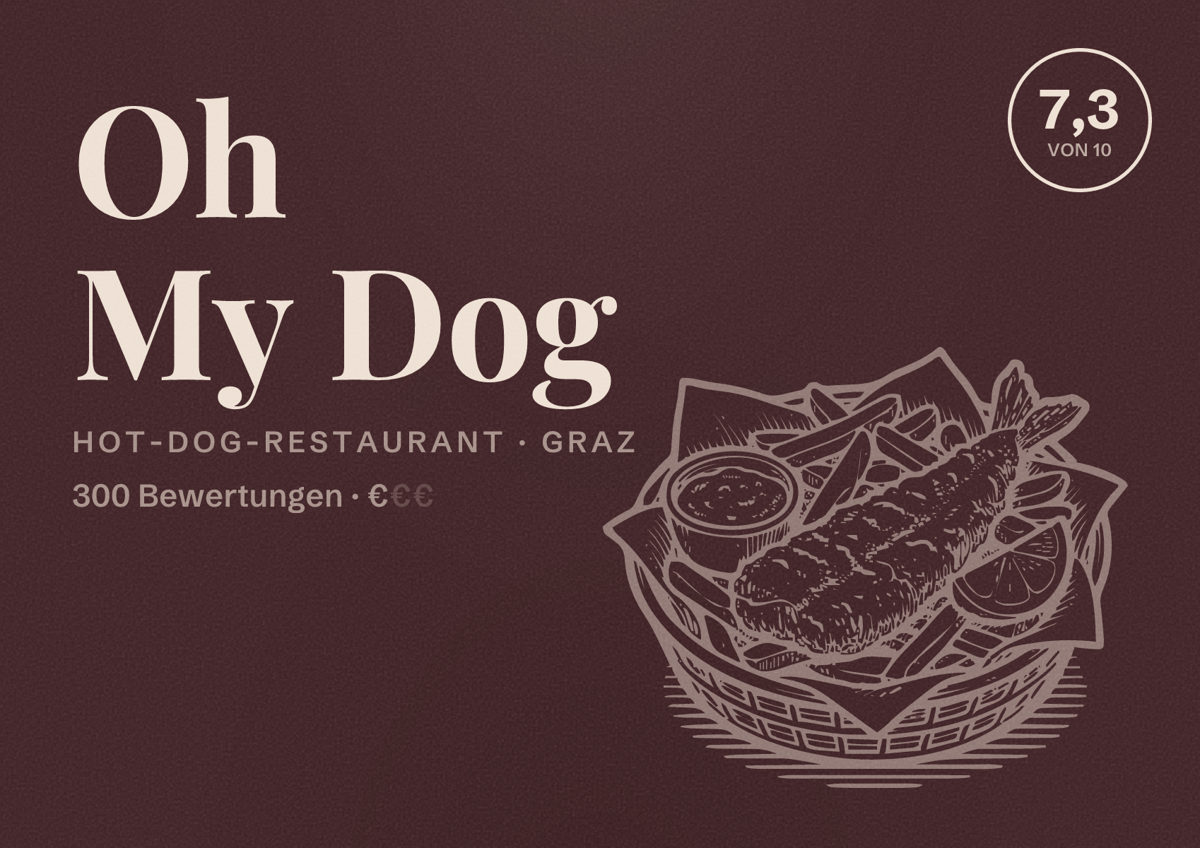 Illustriertes Poster von Oh My Dog, Hot-Dog-Restaurant in Graz: Bewertung 7,3 von 10 aus 300 Bewertungen, Preisniveau €