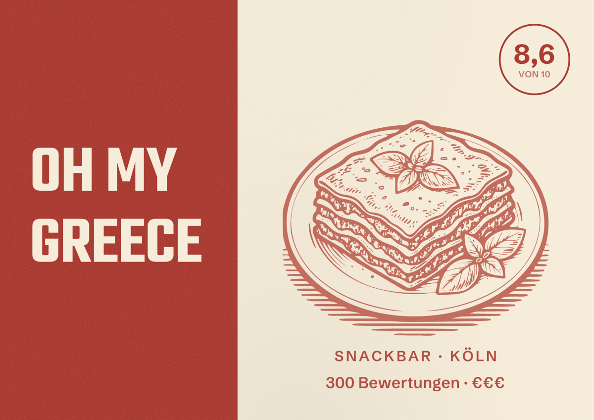 Illustriertes Poster von OH MY GREECE, Snackbar in Köln: Bewertung 8,6 von 10 aus 300 Bewertungen, Preisniveau €€€