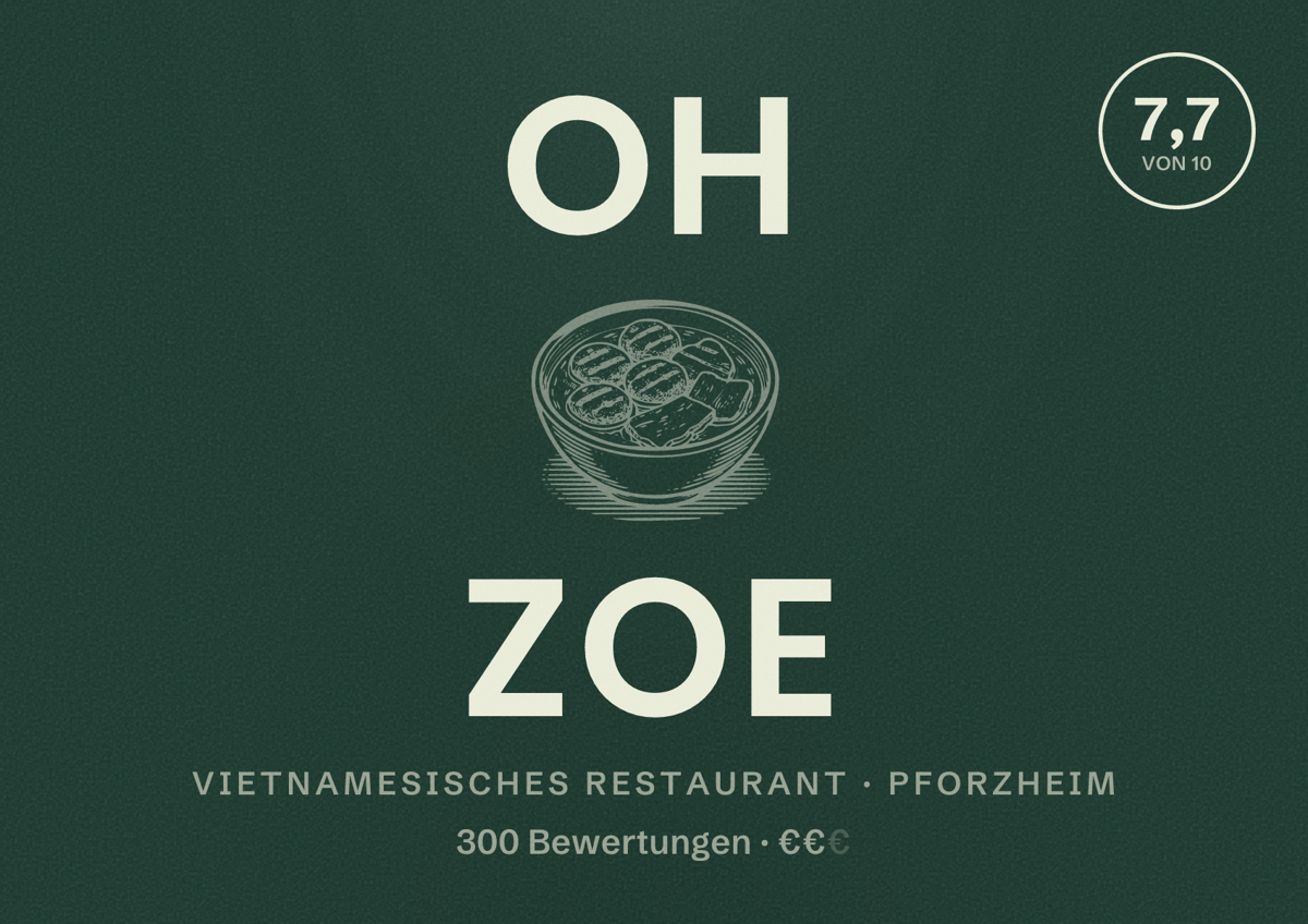 Illustriertes Poster von OH ZOE, Vietnamesisches Restaurant in Pforzheim: Bewertung 7,7 von 10 aus 300 Bewertungen, Preisniveau €€
