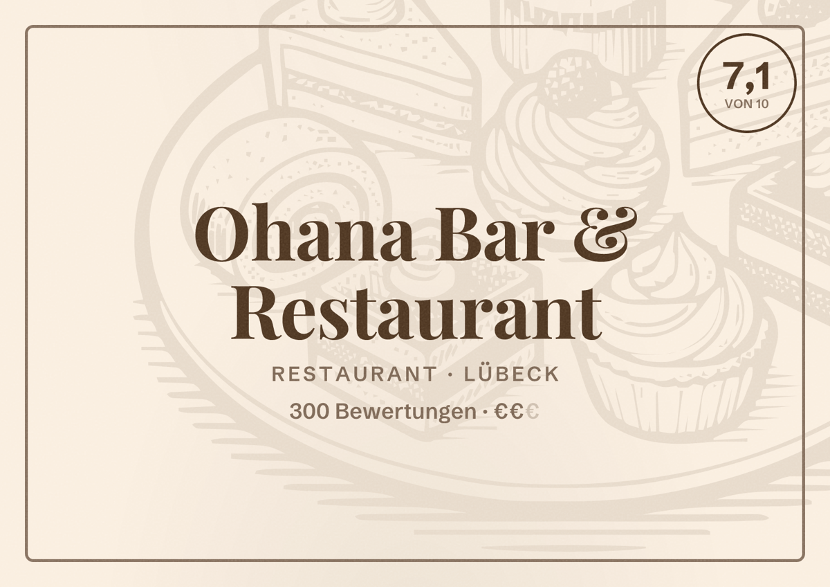 Illustriertes Poster von Ohana Bar & Restaurant, Restaurant in Lübeck: Bewertung 7,1 von 10 aus 300 Bewertungen, Preisniveau €€