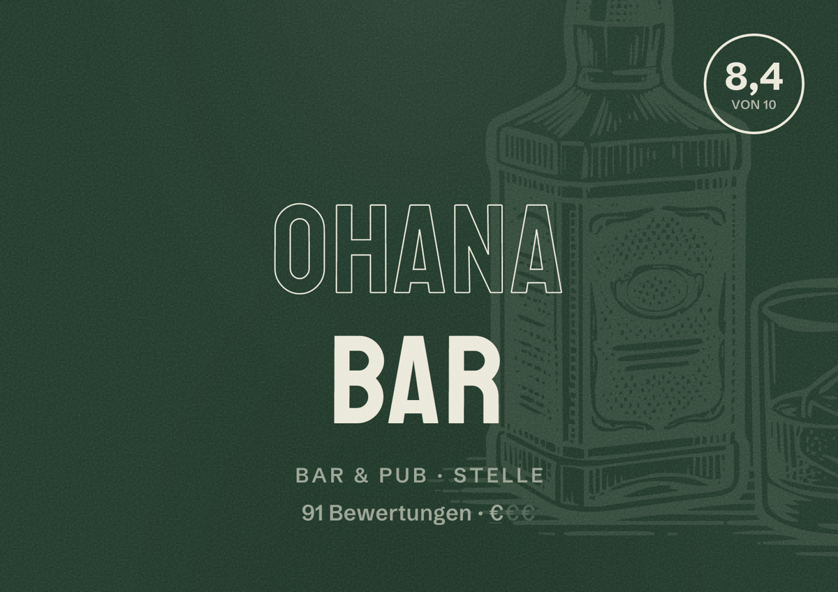 Illustriertes Poster von OHANA Bar, Bar & Pub in Stelle: Bewertung 8,4 von 10 aus 91 Bewertungen, Preisniveau €