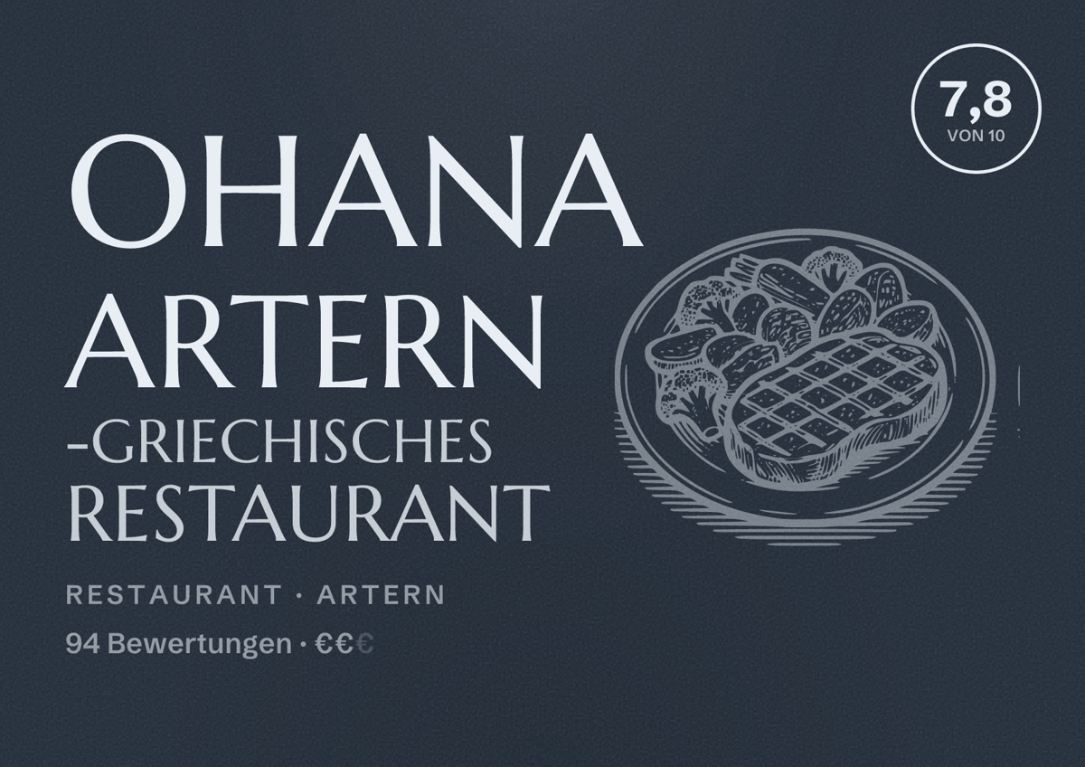 Illustriertes Poster von Ohana Artern -griechisches Restaurant, Restaurant in Artern: Bewertung 7,8 von 10 aus 94 Bewertungen, Preisniveau €€
