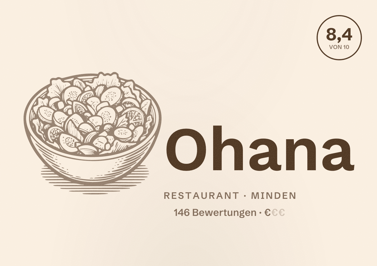 Illustriertes Poster von Ohana, Restaurant in Minden: Bewertung 8,4 von 10 aus 146 Bewertungen, Preisniveau €
