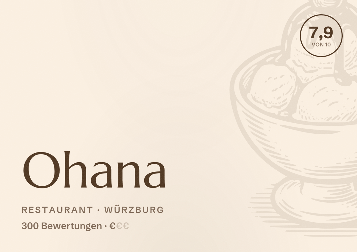 Illustriertes Poster von Ohana, Restaurant in Würzburg: Bewertung 7,9 von 10 aus 300 Bewertungen, Preisniveau €