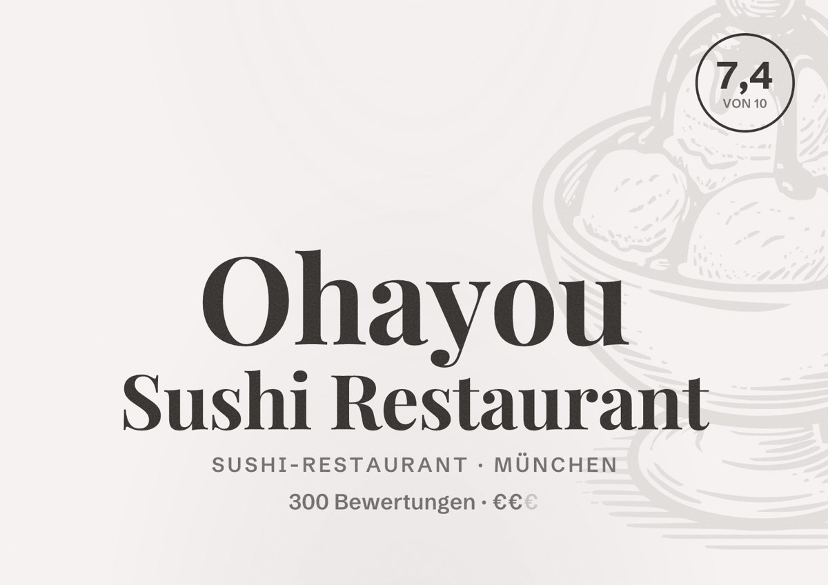 Illustriertes Poster von Ohayou Sushi Restaurant, Sushi-Restaurant in München: Bewertung 7,4 von 10 aus 300 Bewertungen, Preisniveau €€