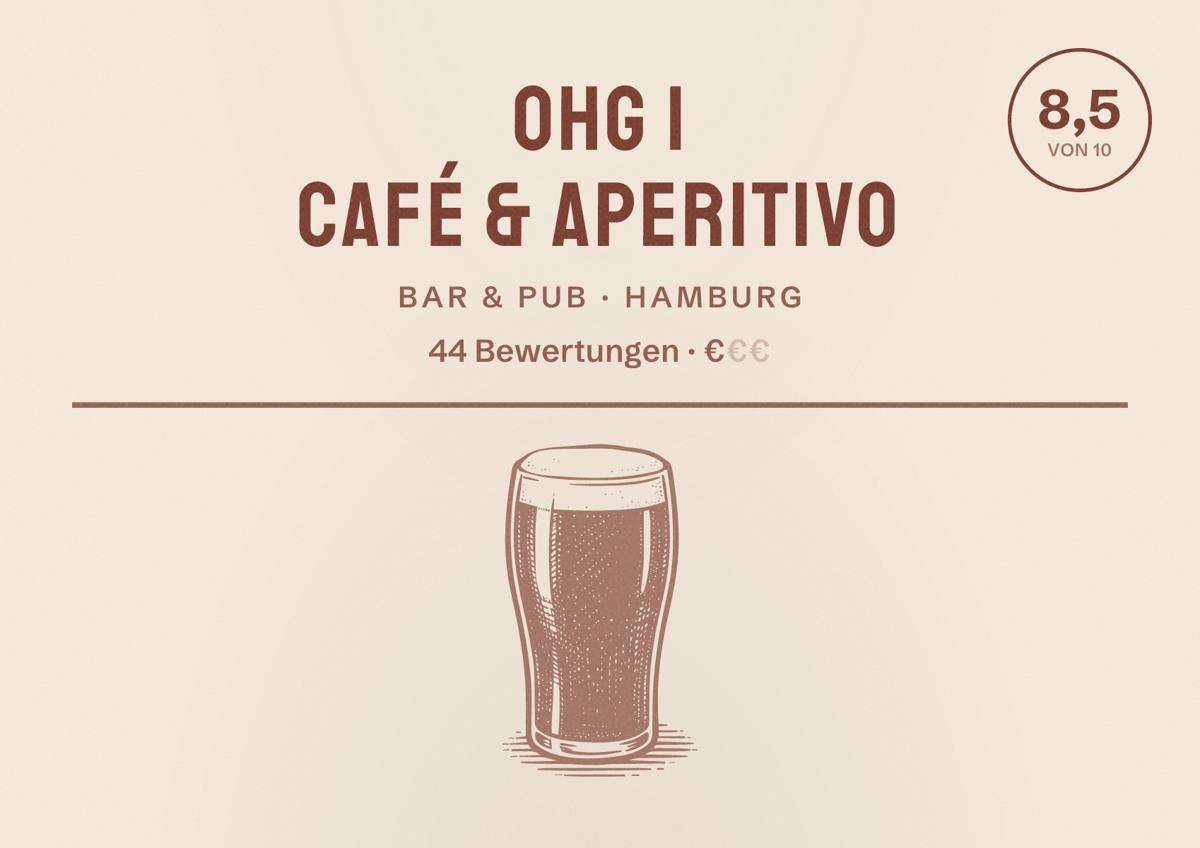 Illustriertes Poster von OHG | CAFÉ & APERITIVO, Bar & Pub in Hamburg: Bewertung 8,5 von 10 aus 44 Bewertungen, Preisniveau €