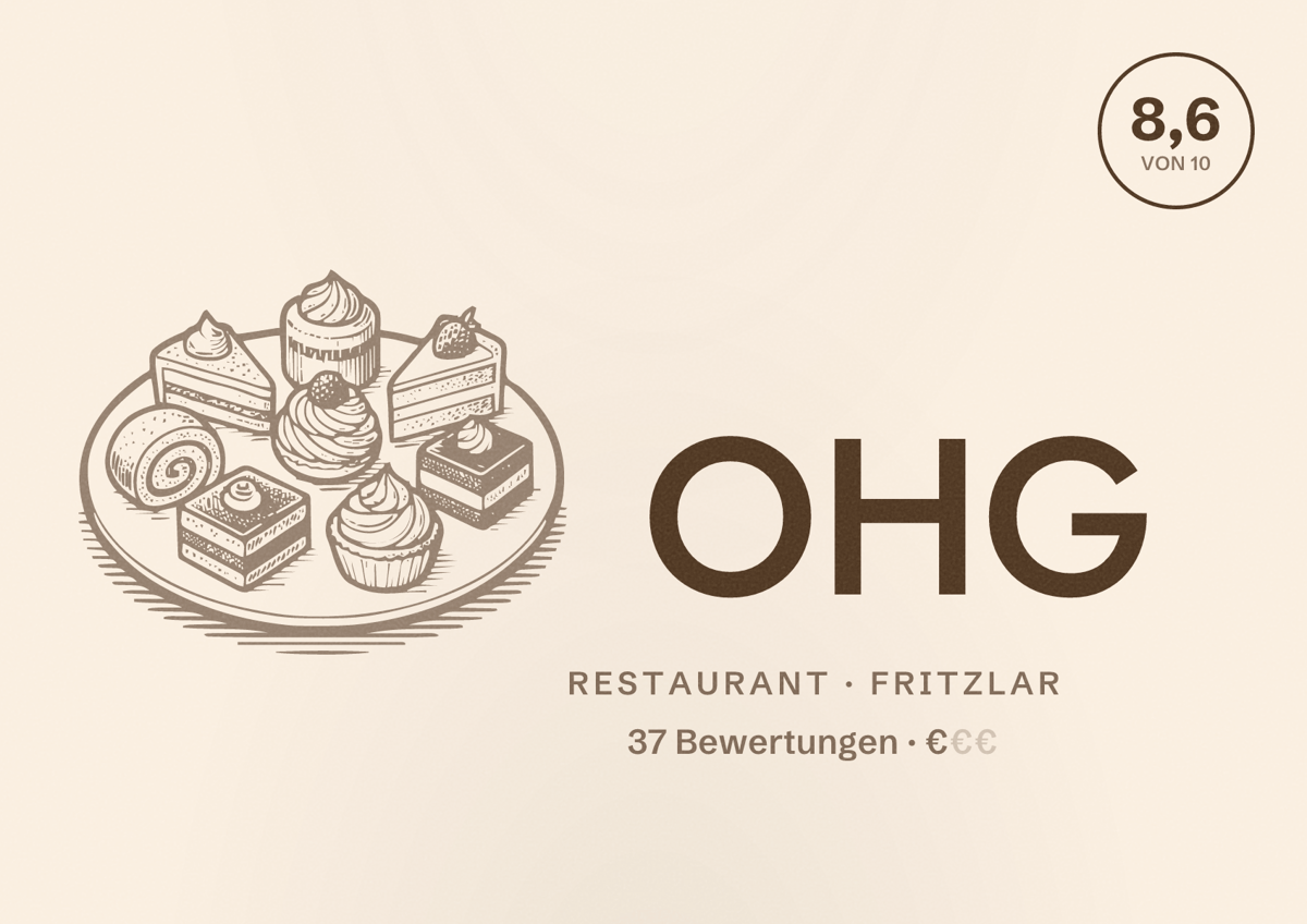 Illustriertes Poster von OHG, Restaurant in Fritzlar: Bewertung 8,6 von 10 aus 37 Bewertungen, Preisniveau €