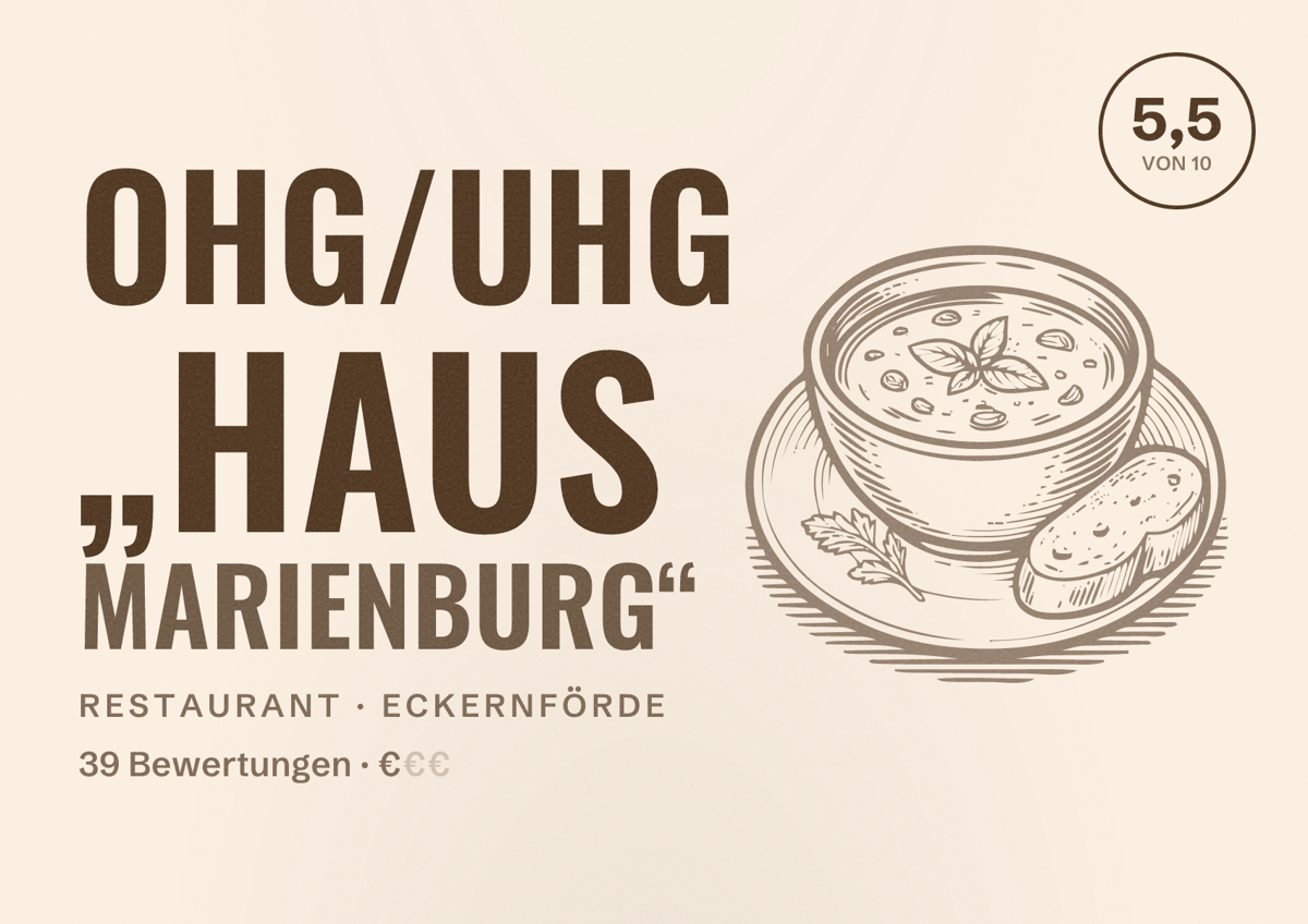 Illustriertes Poster von OHG/UHG „Haus Marienburg“, Restaurant in Eckernförde: Bewertung 5,5 von 10 aus 39 Bewertungen, Preisniveau €