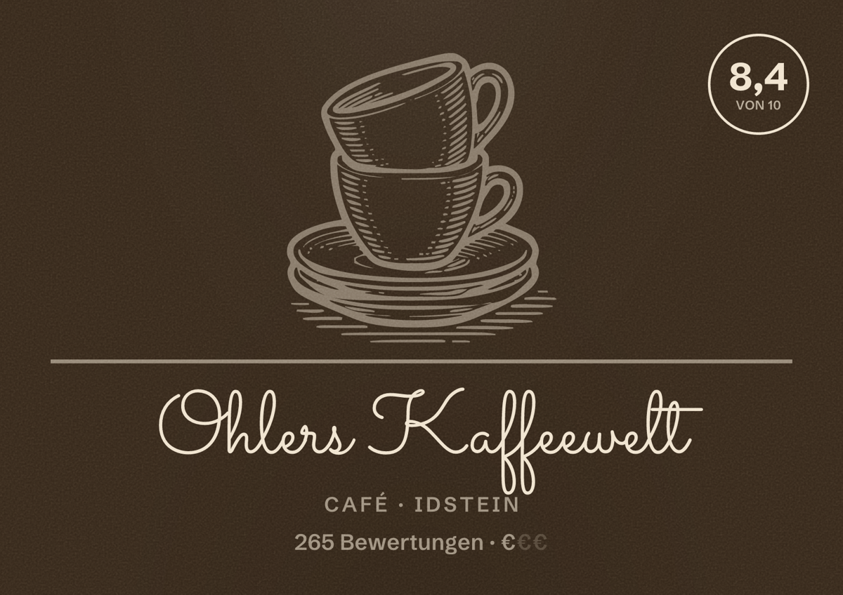 Illustriertes Poster von Ohlers Kaffeewelt, Café in Idstein: Bewertung 8,4 von 10 aus 265 Bewertungen, Preisniveau €