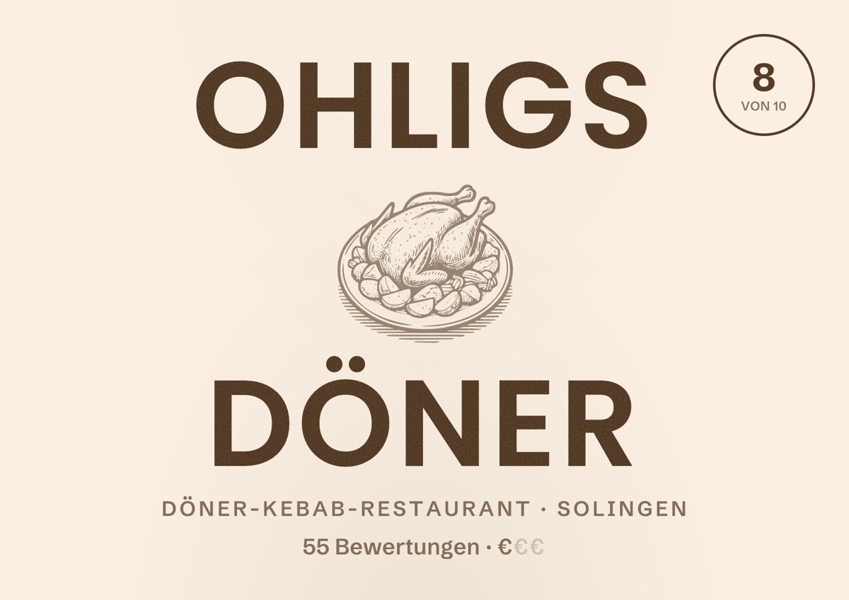 Illustriertes Poster von Ohligs Döner, Döner-Kebab-Restaurant in Solingen: Bewertung 8 von 10 aus 55 Bewertungen, Preisniveau €