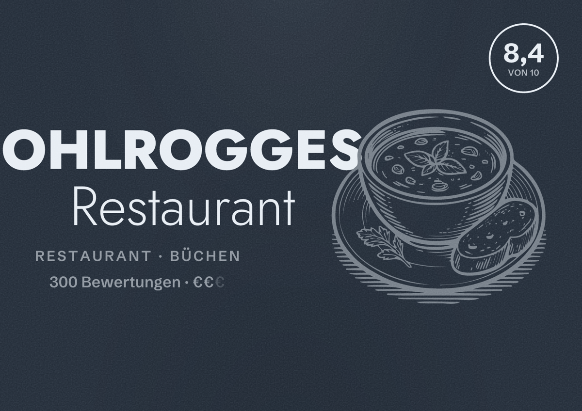 Illustriertes Poster von OHLROGGES Restaurant, Restaurant in Büchen: Bewertung 8,4 von 10 aus 300 Bewertungen, Preisniveau €€