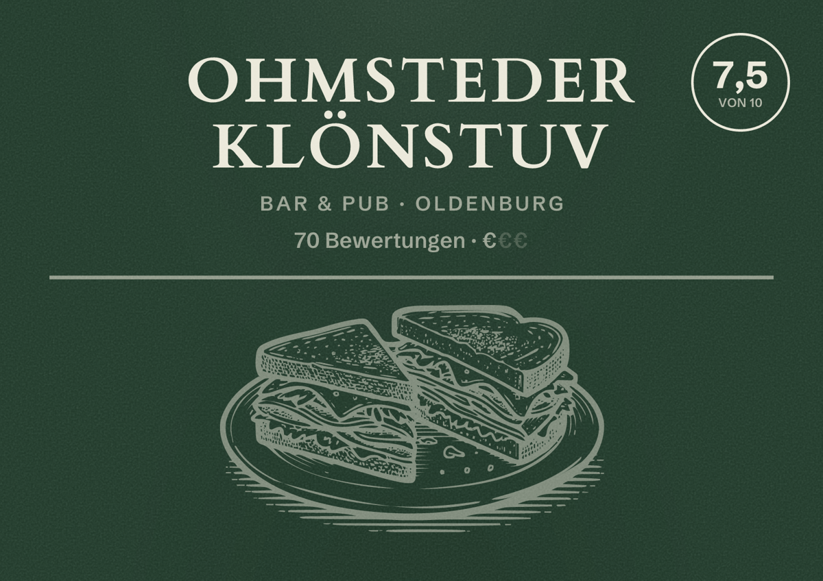 Illustriertes Poster von Ohmsteder Klönstuv, Bar & Pub in Oldenburg: Bewertung 7,5 von 10 aus 70 Bewertungen, Preisniveau €
