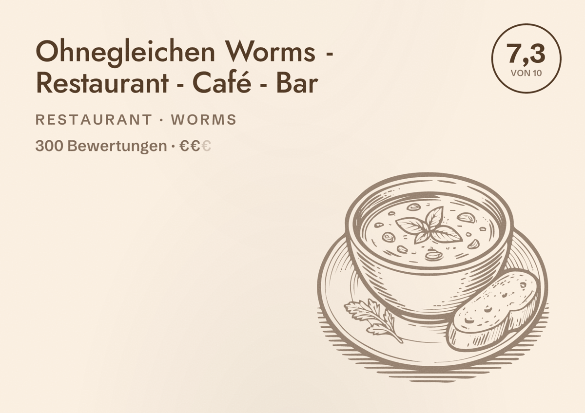Illustriertes Poster von Ohnegleichen Worms - Restaurant - Café - Bar, Restaurant in Worms: Bewertung 7,3 von 10 aus 300 Bewertungen, Preisniveau €€