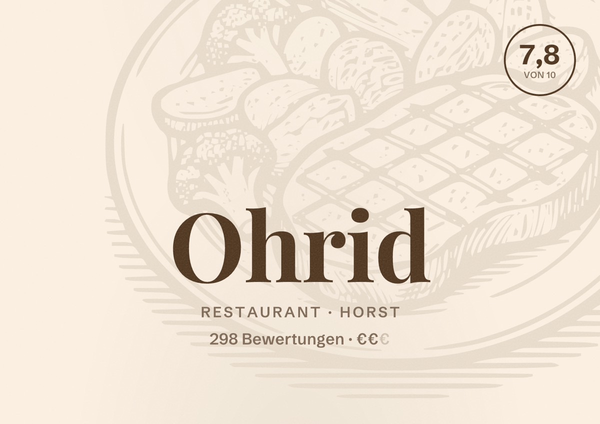 Illustriertes Poster von Ohrid, Restaurant in Horst: Bewertung 7,8 von 10 aus 298 Bewertungen, Preisniveau €€