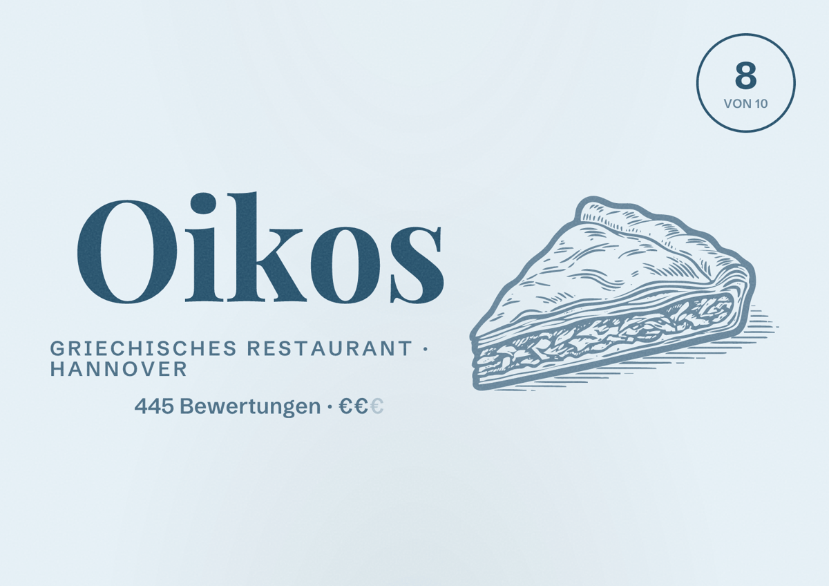 Illustriertes Poster von Oikos, Griechisches Restaurant in Hannover: Bewertung 8,0 von 10 aus 445 Bewertungen, Preisniveau €€