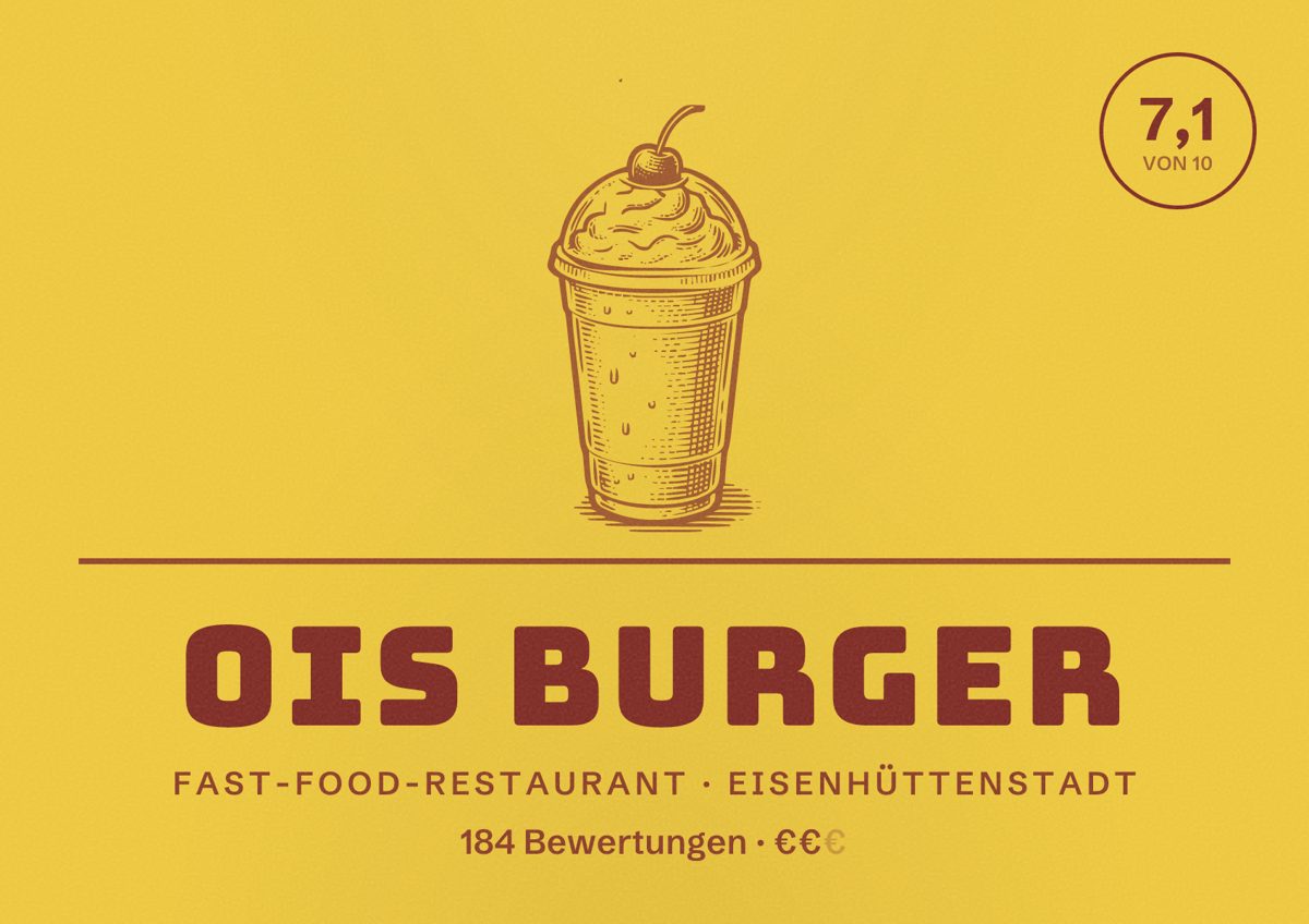 Illustriertes Poster von Ois Burger, Fast-Food-Restaurant in Eisenhüttenstadt: Bewertung 7,1 von 10 aus 184 Bewertungen, Preisniveau €€
