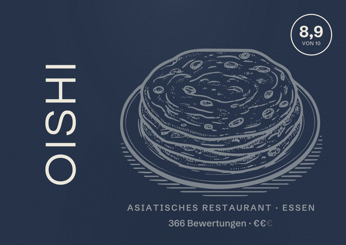 Illustriertes Poster von Oishi, Asiatisches Restaurant in Essen: Bewertung 8,9 von 10 aus 366 Bewertungen, Preisniveau €€