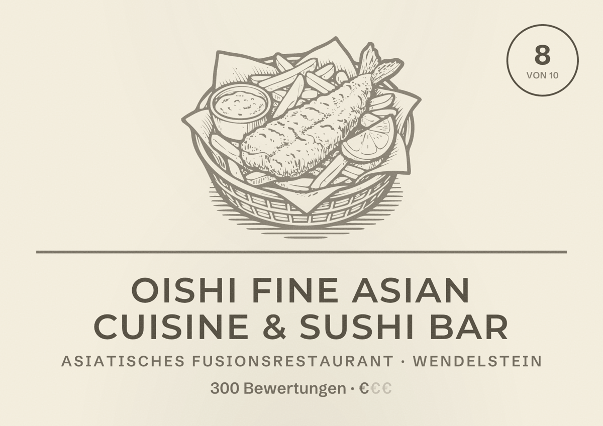 Illustriertes Poster von Oishi Fine Asian Cuisine & Sushi Bar, Asiatisches Fusionsrestaurant in Wendelstein: Bewertung 8 von 10 aus 300 Bewertungen, Preisniveau €